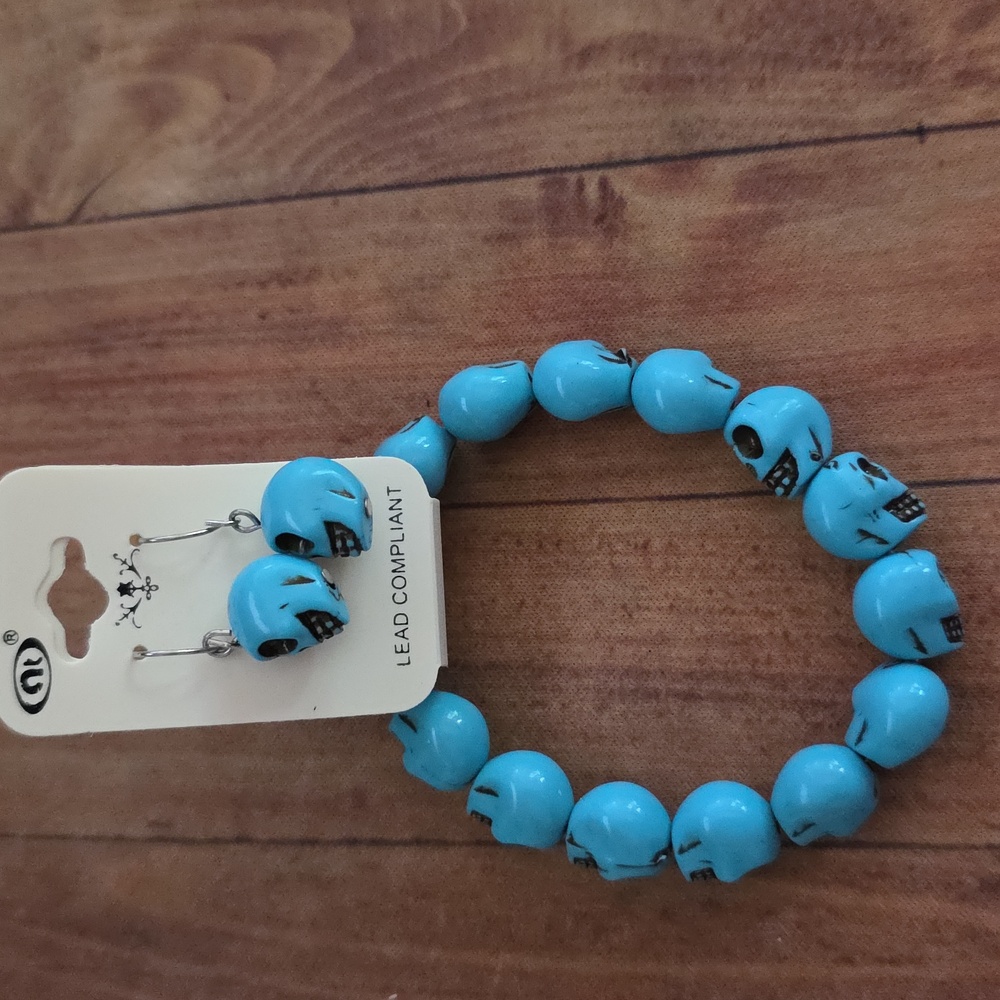 Skull Bead Head Bracelet and Earrings Set Teal And Black